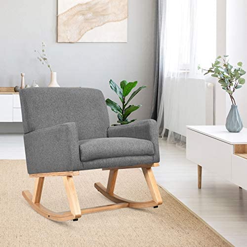 Giantex Upholstered Rocking Chair with Fabric Padded Seat and Solid Wood Base