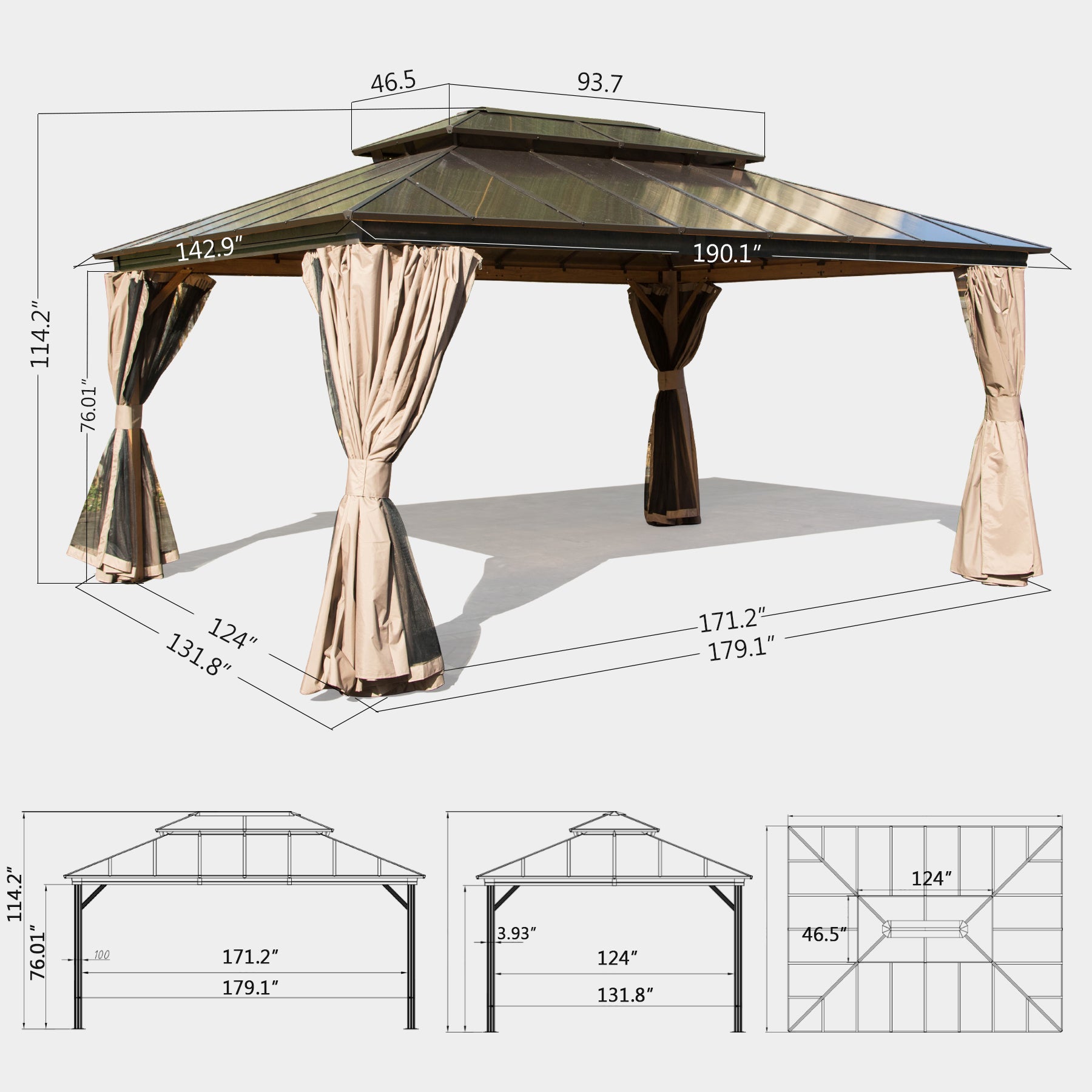 Domi Outdoor Living 12’ X 16’ Hardtop Gazebo Outdoor Aluminum Gazebo with Polycarbonate Double Roof Canopy for Lawn and Garden, with Curtains & Net (Brown)