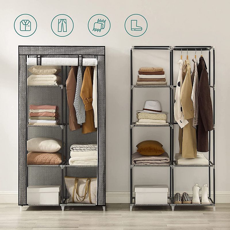 Portable Closet， Wardrobe， Clothes Storage Organizer with 6 Shelves， 2 Clothes Hanging Rails