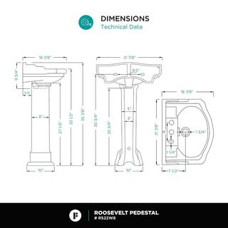 FINE FIXTURES Roosevelt 22 in. Pedestal White Vitreous China Rectangular Vessel Sink with Overflow 8 in. Faucet Hole RS22W8