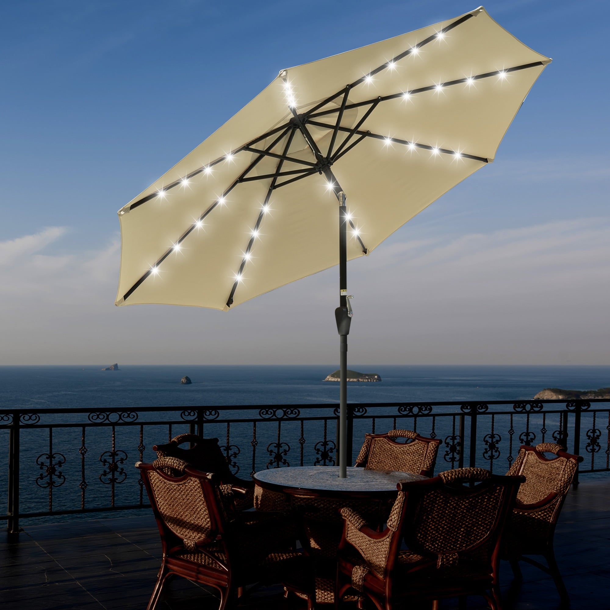 Yescom 9ft 32 Solar Powered LED Light Outdoor Patio Umbrella with 8 Rib Crank Tilt for Table Market Beach Pool Cafe Deck