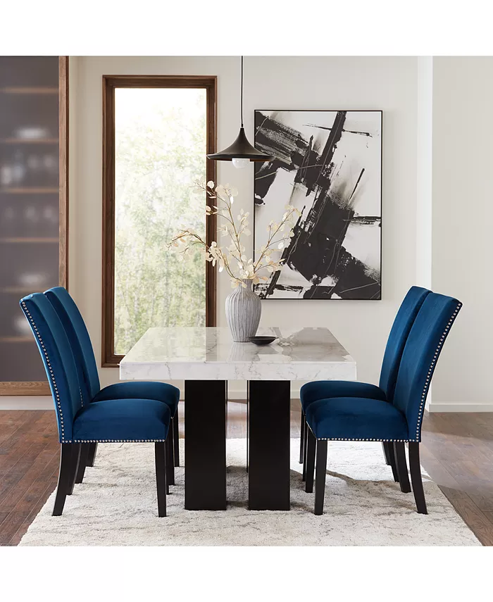 Furniture Camila Rectangle Dining Table and Blue Velvet Dining Chair 5-Piece Set