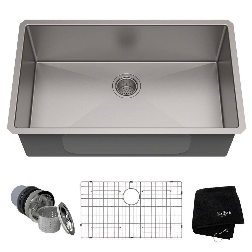 KRAUS Standart PRO 32 in. Undermount Single Bowl 16 Gauge Stainless Steel Kitchen Sink with Accessories KHU100-32