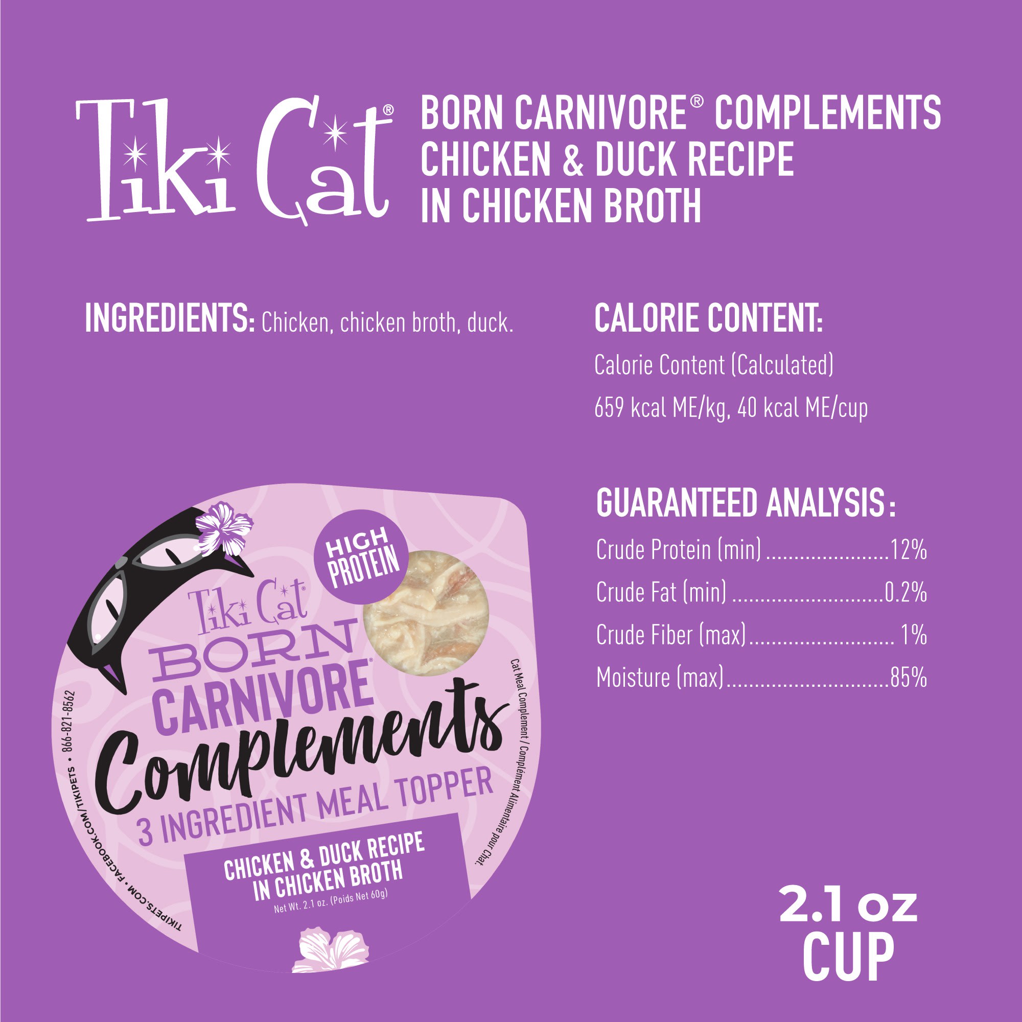 Tiki Cat Complements High-Protein Meal Topper Chicken  Duck Recipe in Chicken Broth Wet Cat Food， 2.1 oz.， Case of 8