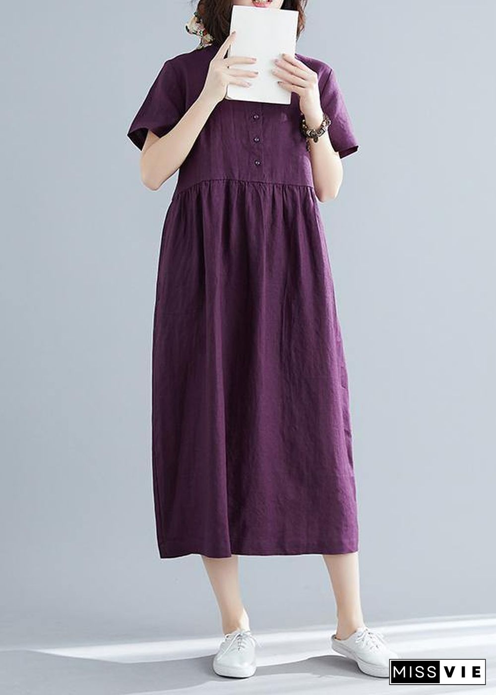 Women purple linen cotton clothes For Women plus size Fashion Ideas o neck large hem Maxi Summer Dresses