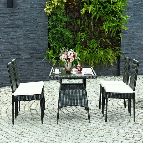 Costway 5PCS Patio Rattan Dining Set Cushioned Chair Table w/Glass Top