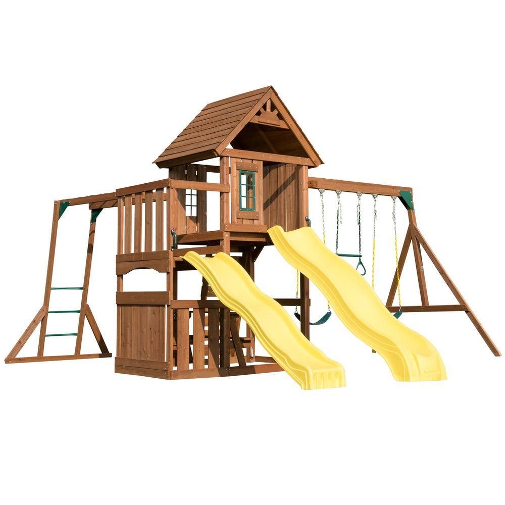 Swing-N-Slide Playsets Timberview Ready-To-Assemble Wooden Outdoor Playset with 2 Slides Monkey Bars Swings and Swing Set Accessories WS 8356