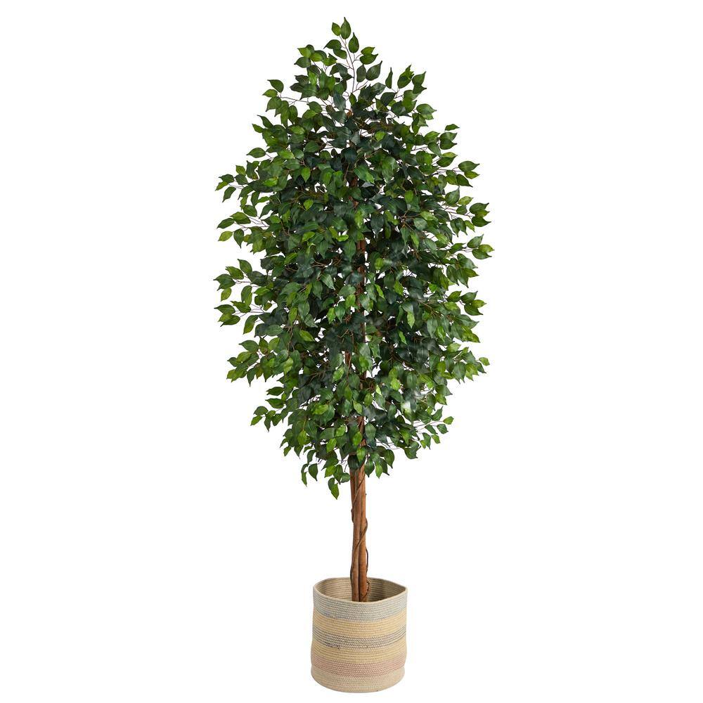 Nearly Natural 8 ft. Green Ficus Artificial Tree with Handmade Natural Cotton Multicolored Woven Planter T2904