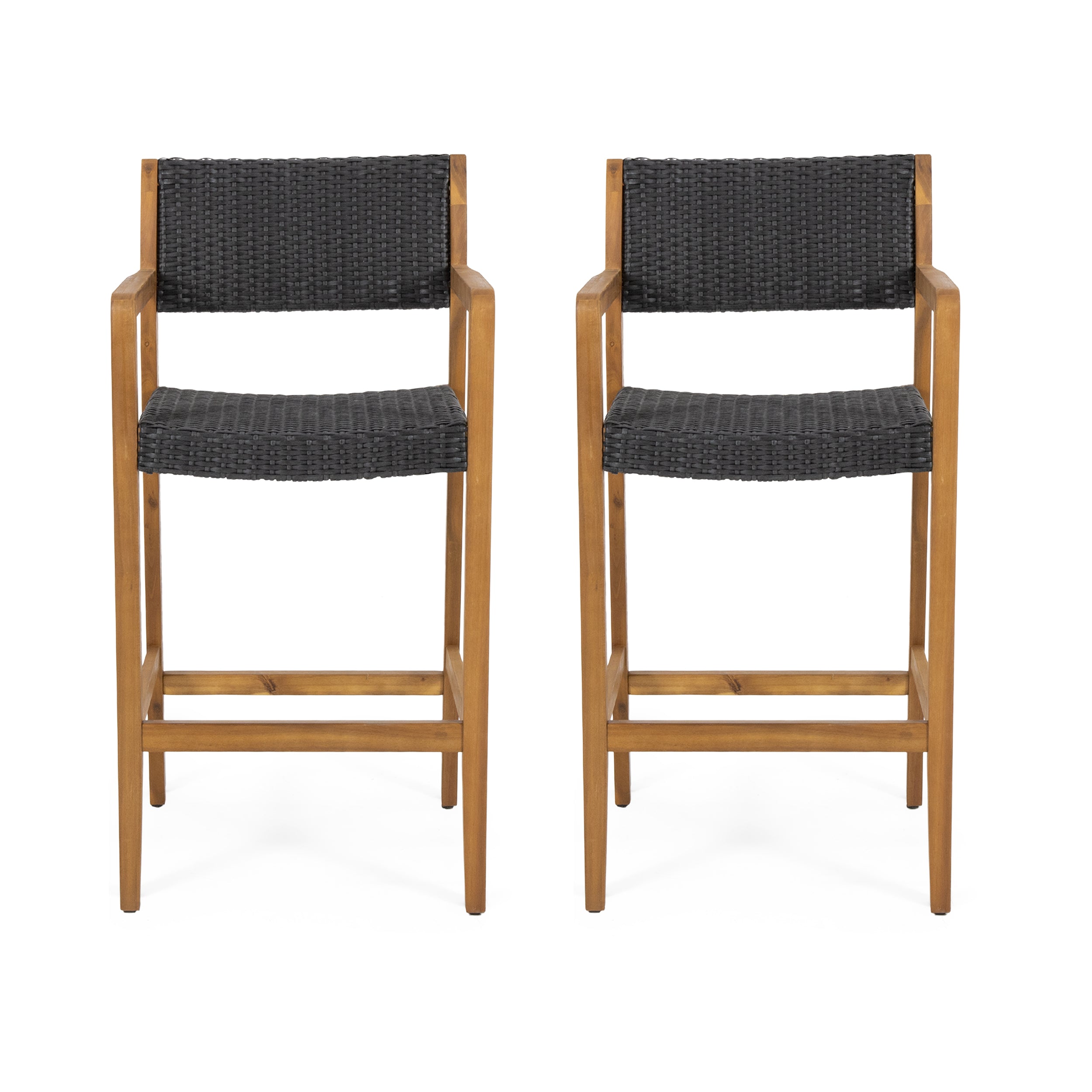 Eliani Outdoor Acacia Wood Barstools with Wicker (Set of 2)