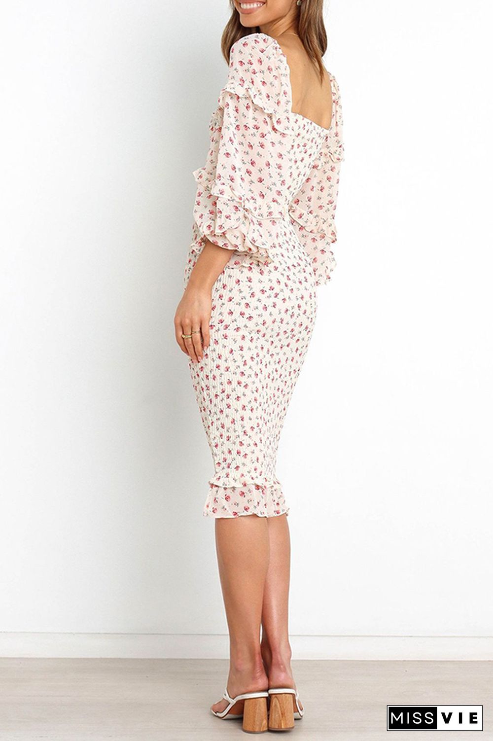 Elegant Floral Split Joint Flounce Square Collar Pencil Skirt Dresses