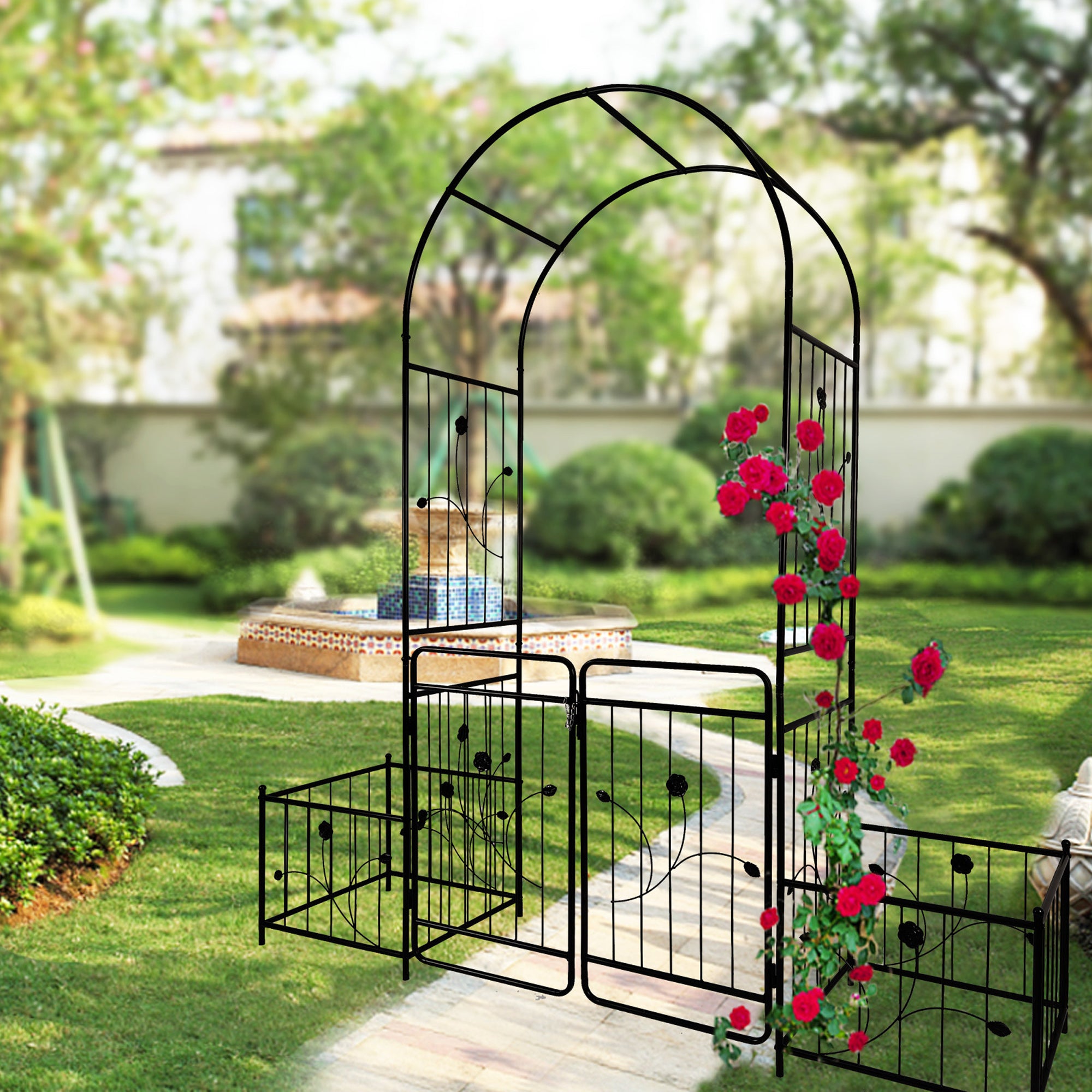 Garden Arbor Metal Garden Arch with Double Doors, Wedding Arch Party Decoration 2 Side Planter Baskets for Outdoor Lawn Climbing Plants Roses Vines