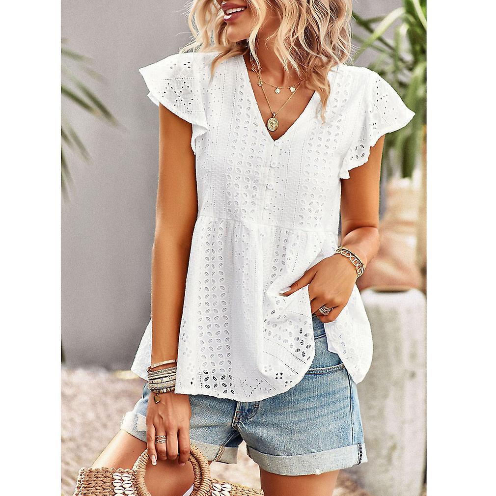 Womens Babydoll Tops Ruffle Sleeve Peplum Tank Top Deep V Neck Button Down Pleated Blouse Shirts