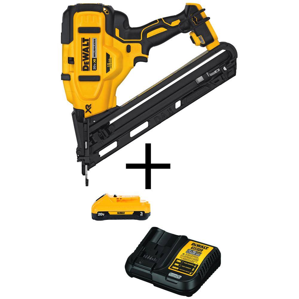 DW 20V MAX XR Lithium-Ion 15-Gauge Cordless Angled Finish Nailer (1) 3.0Ah Battery and Charger DCN650BW230C