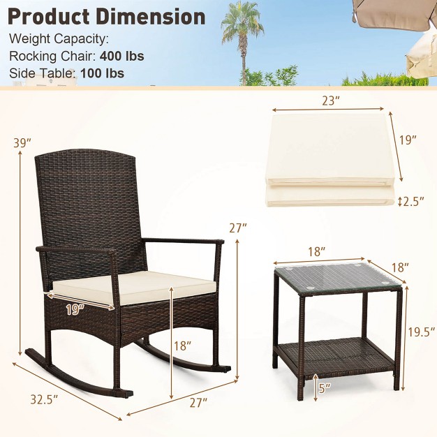 Costway 3 Piece Patio Rocking Set Wicker Rocking Chairs With 2 tier Coffee Table Turquoise off White