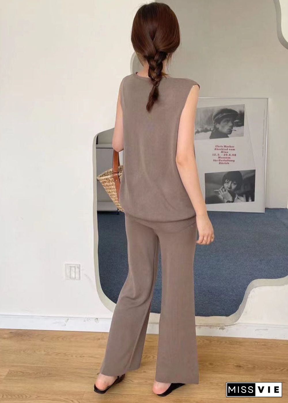 Stylish Coffee V Neck Tops And Pants Knit Two Piece Set Summer