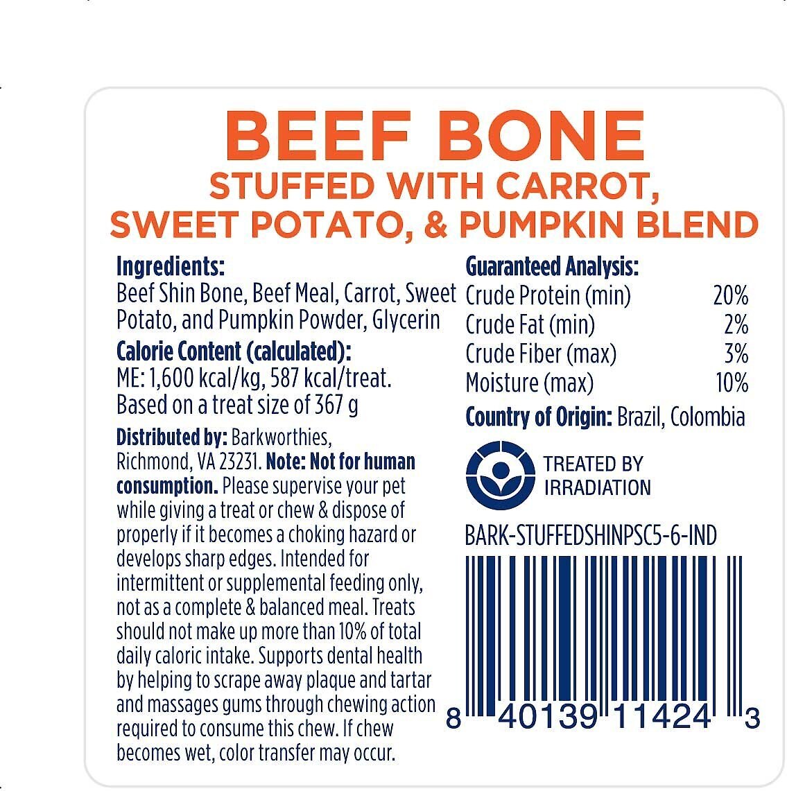 Barkworthies Shin Bone Stuffed with Pumpkin， Sweet Potato， and Carrot Blend Dog Treat， 5-6-in