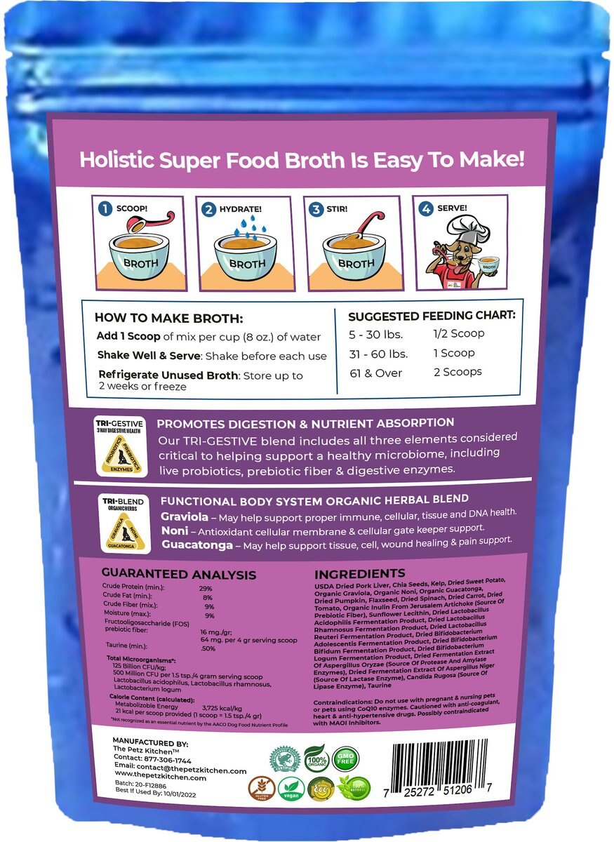 The Petz Kitchen Holistic Super Food Broth Tissue and Cell Support Pork Flavor Concentrate Powder Dog and Cat Supplement， 4.5-oz bag