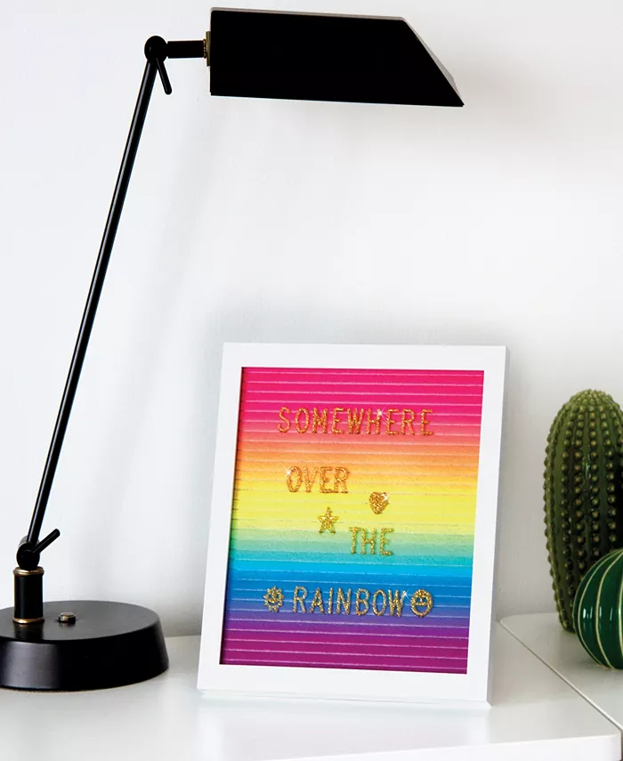 Three Cheers For Girls 3C4G Rainbow Felt Letterboard - 10 X 10 Changeable Message Board  With Hanging Hook Stand  Make It Real  Tweens Girls  300 Gold-Tone Glittery Letters Emojis  Room Decor