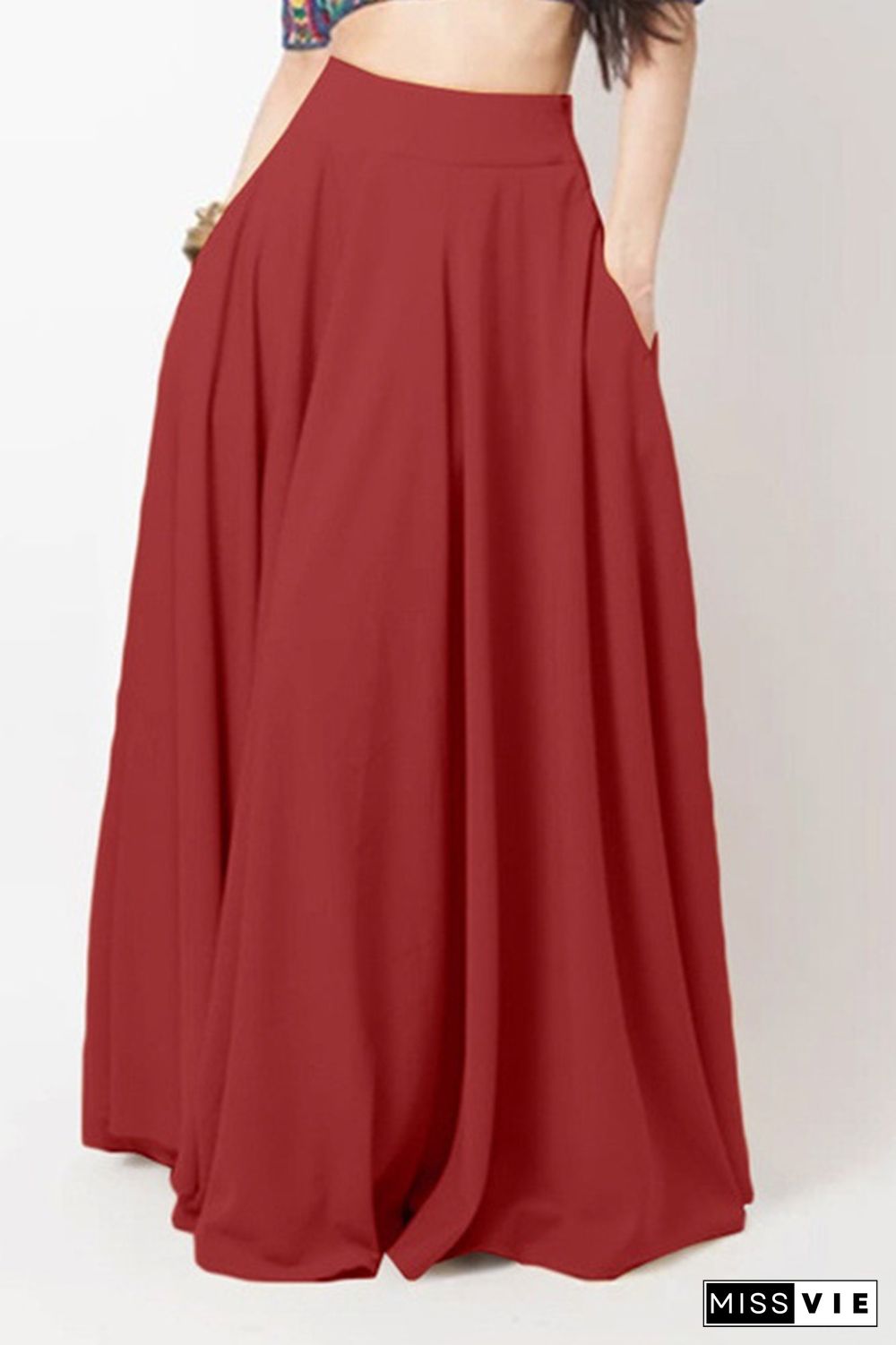 Plain High Waist Pockets Pleated Skirt