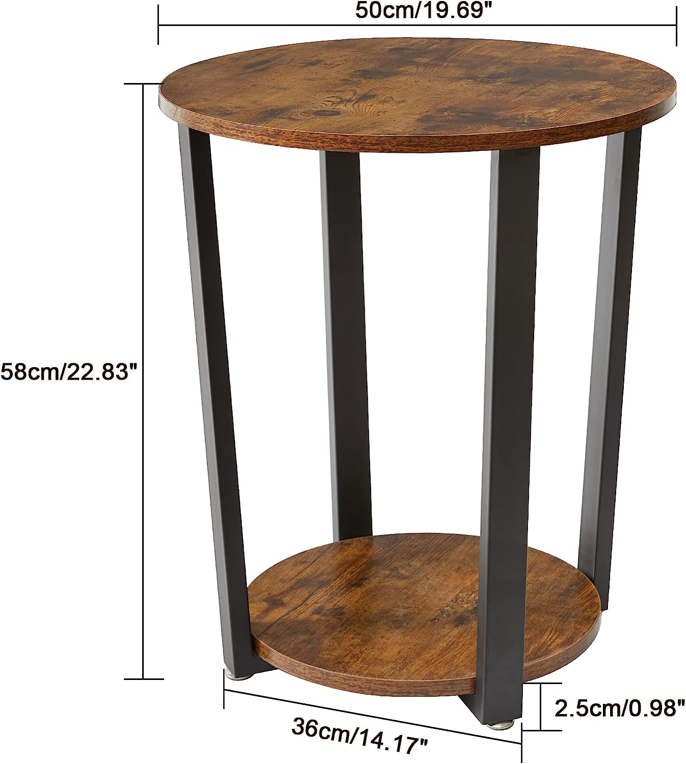 YMYNY Industrial End Table, 2 Tier Round Side Table with Sturdy Metal Frame, Vintage Nightstand for Living Room, Bedroom, Set of 2, with Storage, Easy Assembly, Rustic Brown HD-UHTMJ020H-2