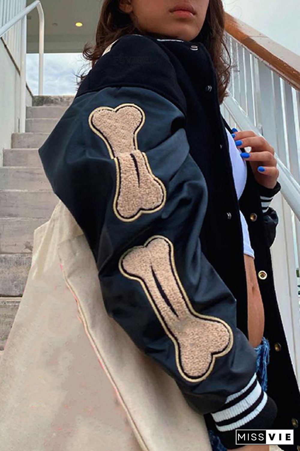 Bone Patchwork Open Button Baseball Jackets