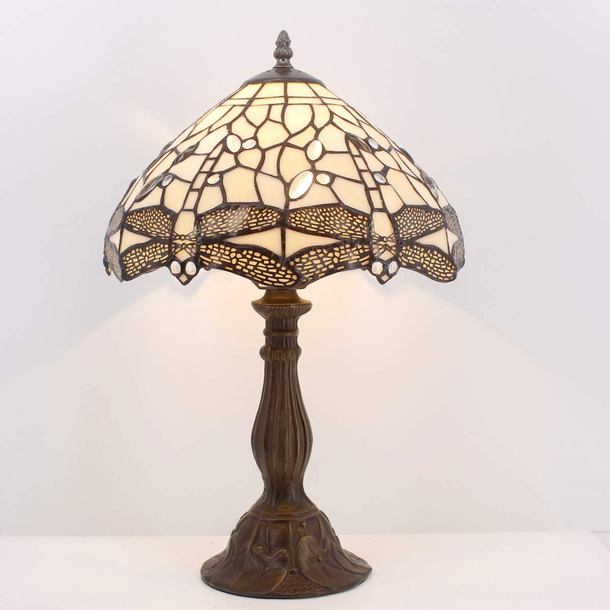 GEDUBIUBOO Tiffany Lamp Cream Stained Glass Dragonfly Bedside Table Lamp Desk Reading Light 12X12X18 Inches Decor Bedroom Living Room  Office S139 Series