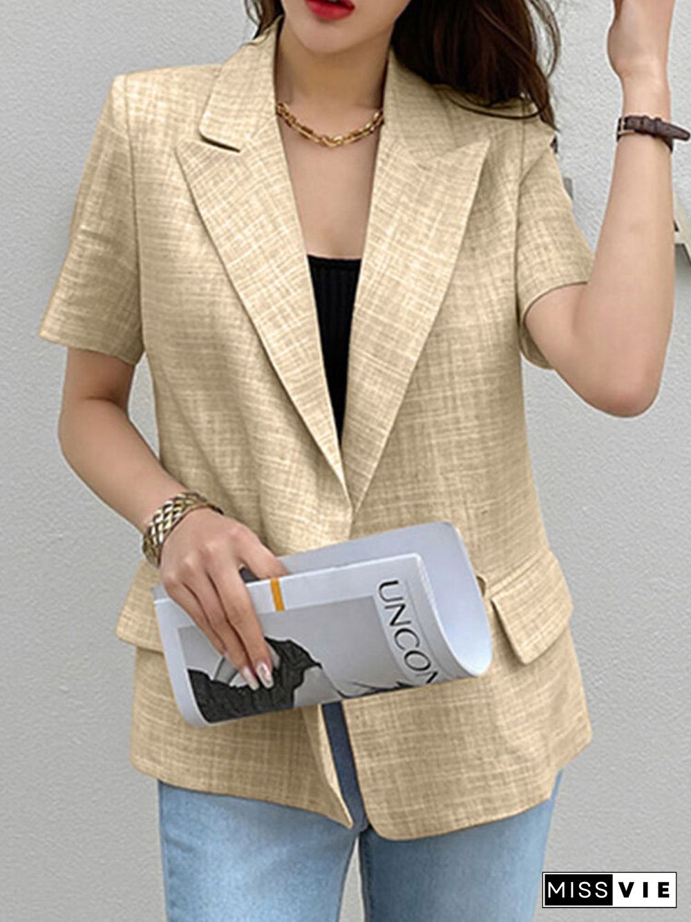 Short Sleeve Button Front Lapel Casual Blazer for Women