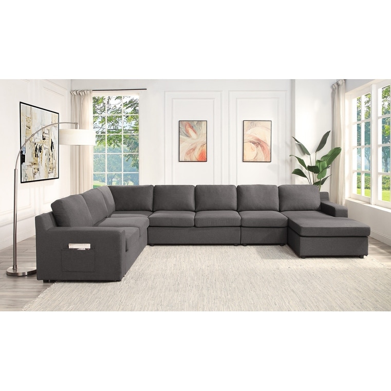 Waylon Gray Linen 7 Seater U Shape Sectional Sofa Chaise with Pocket