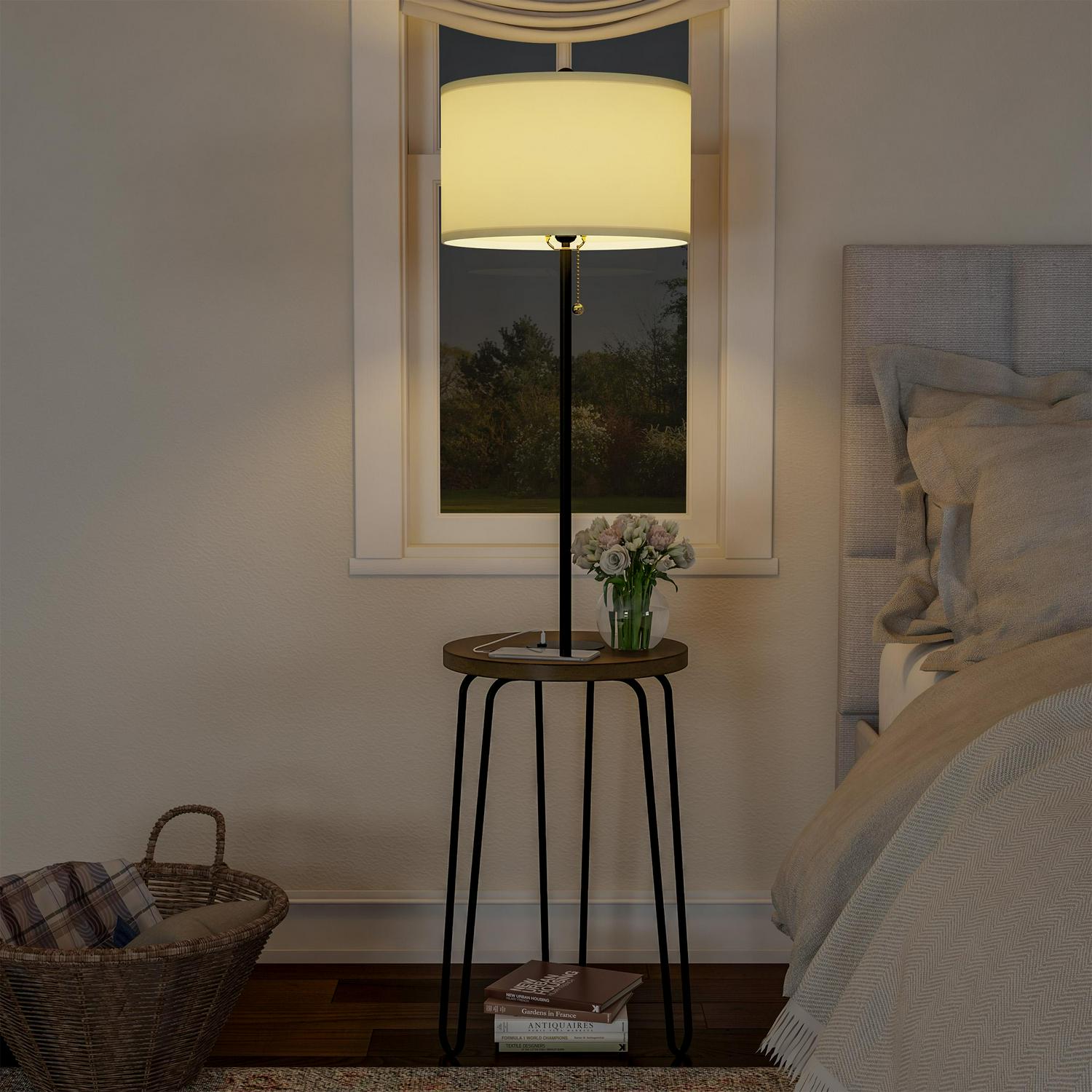 Lavish Home Floor Lamp with Table， USB Port， and Hairpin Legs a Standing Light with Shelves