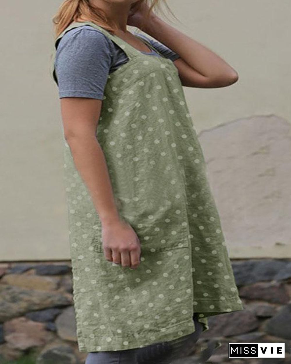 Dot Print Double Pockets Apron Linen Dress