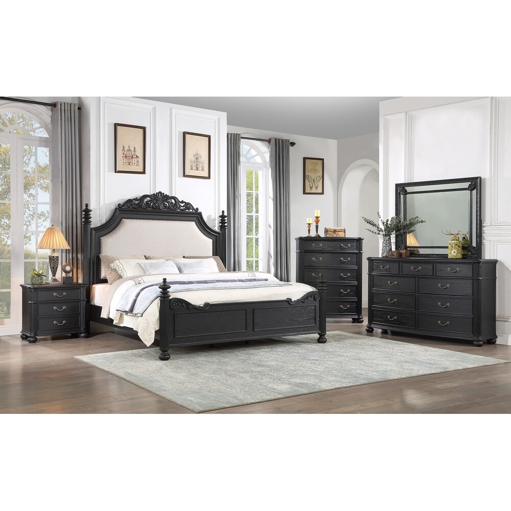 Aliana 4 Piece Black Modern Contemporary Solid Wood  Veneers Fabric Upholstered Bedroom Set