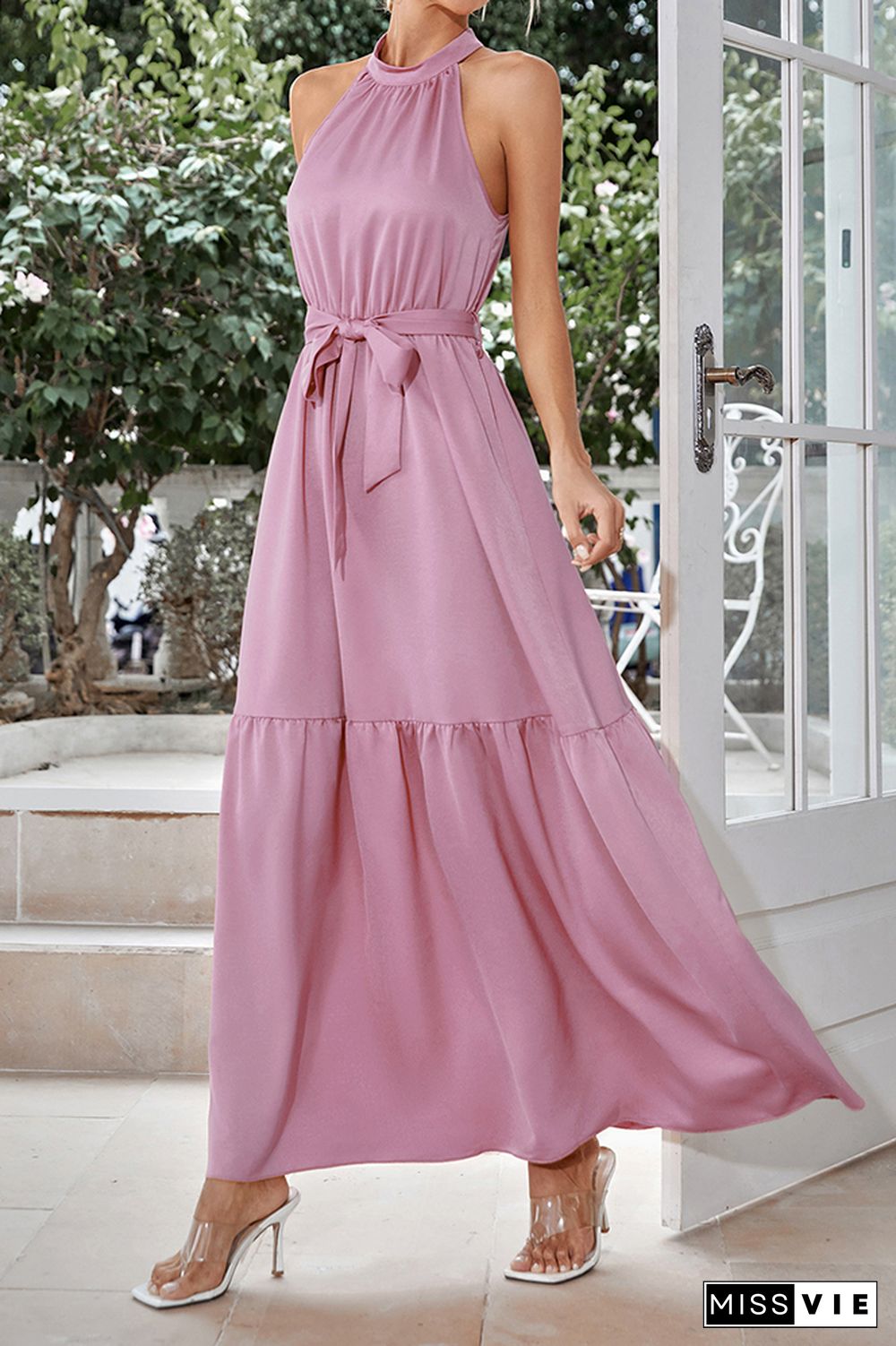 Silky Plain Halter Tiered Maxi Dress