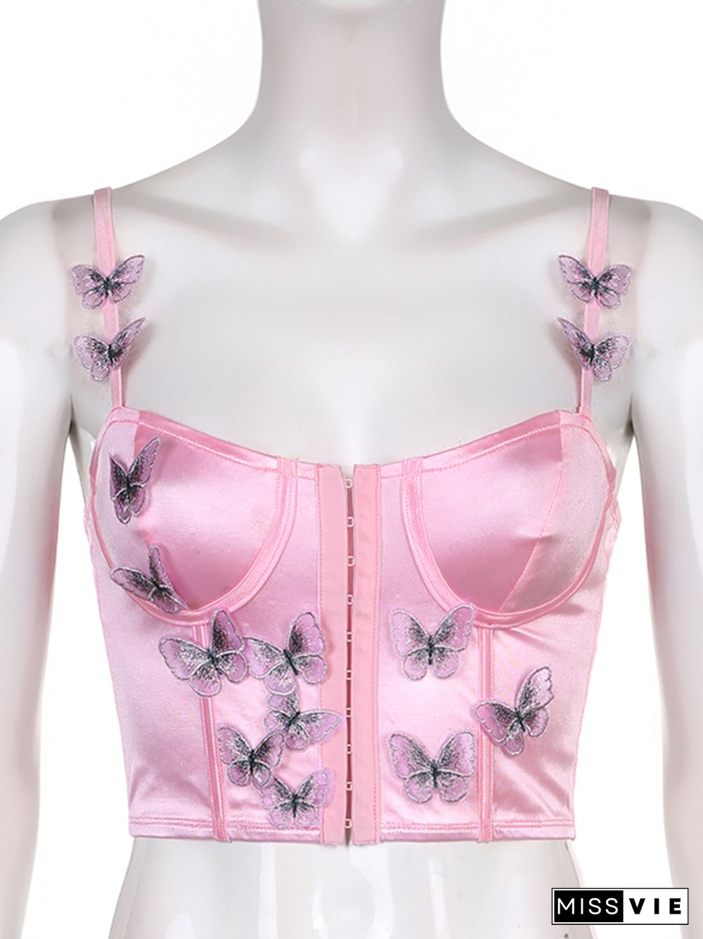 Butterfly Appliques Y2K Corset Women Kawaii Aesthetic Pink Camisole Satin Tank Top Sexy Beach Party Outfit Bustier Hot