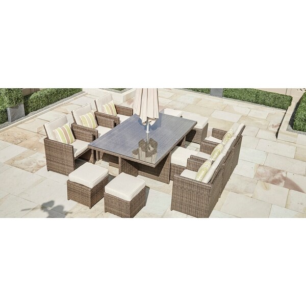 11-pc. Outdoor Patio Wicker Dining Table Set w/ Chairs and Ottomans -  - 19983697