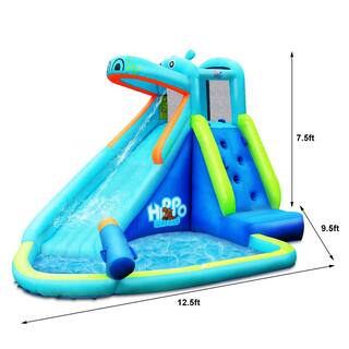 Costway Blue Inflatable Kids Hippo Bounce House Slide Climbing Wall Splash Pool with Bag OP70100