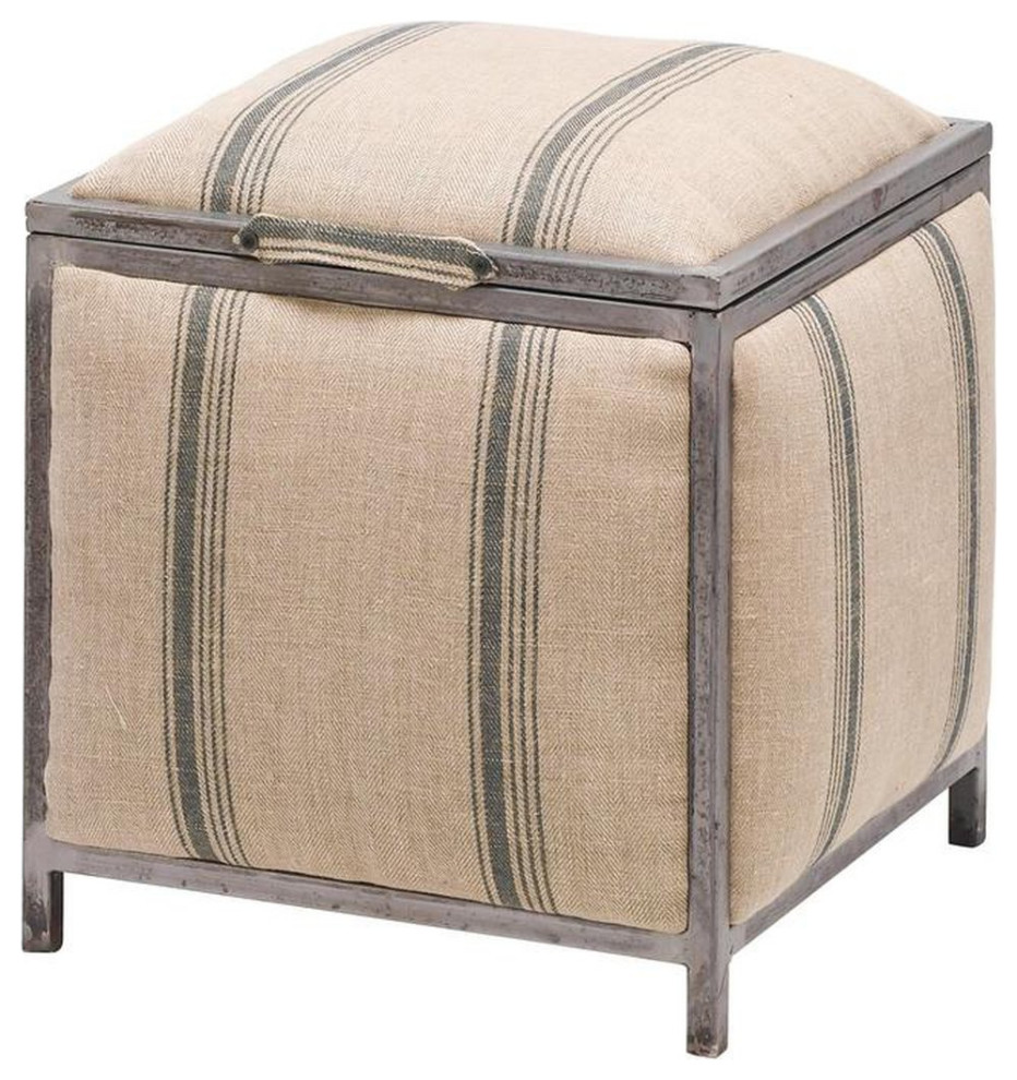 18 quotSmall Square Upholstered Storage Ottoman Striped Taupe  Lynn   Industrial   Footstools And Ottomans   by Sideboards and Things  Houzz