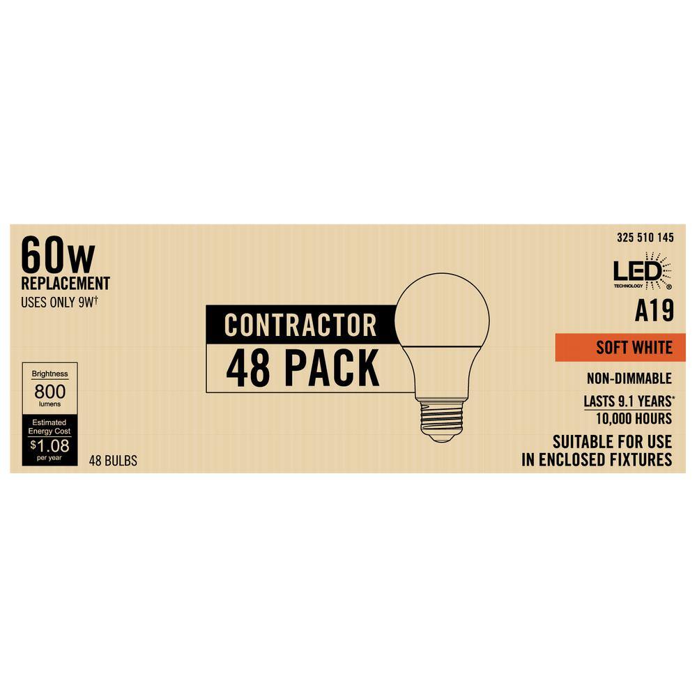 EcoSmart 60-Watt Equivalent A19 Non Dimmable CEC Title 20 Contractor Pro Pack LED Light Bulb Soft White 2700K (48-Pack) FG-04359