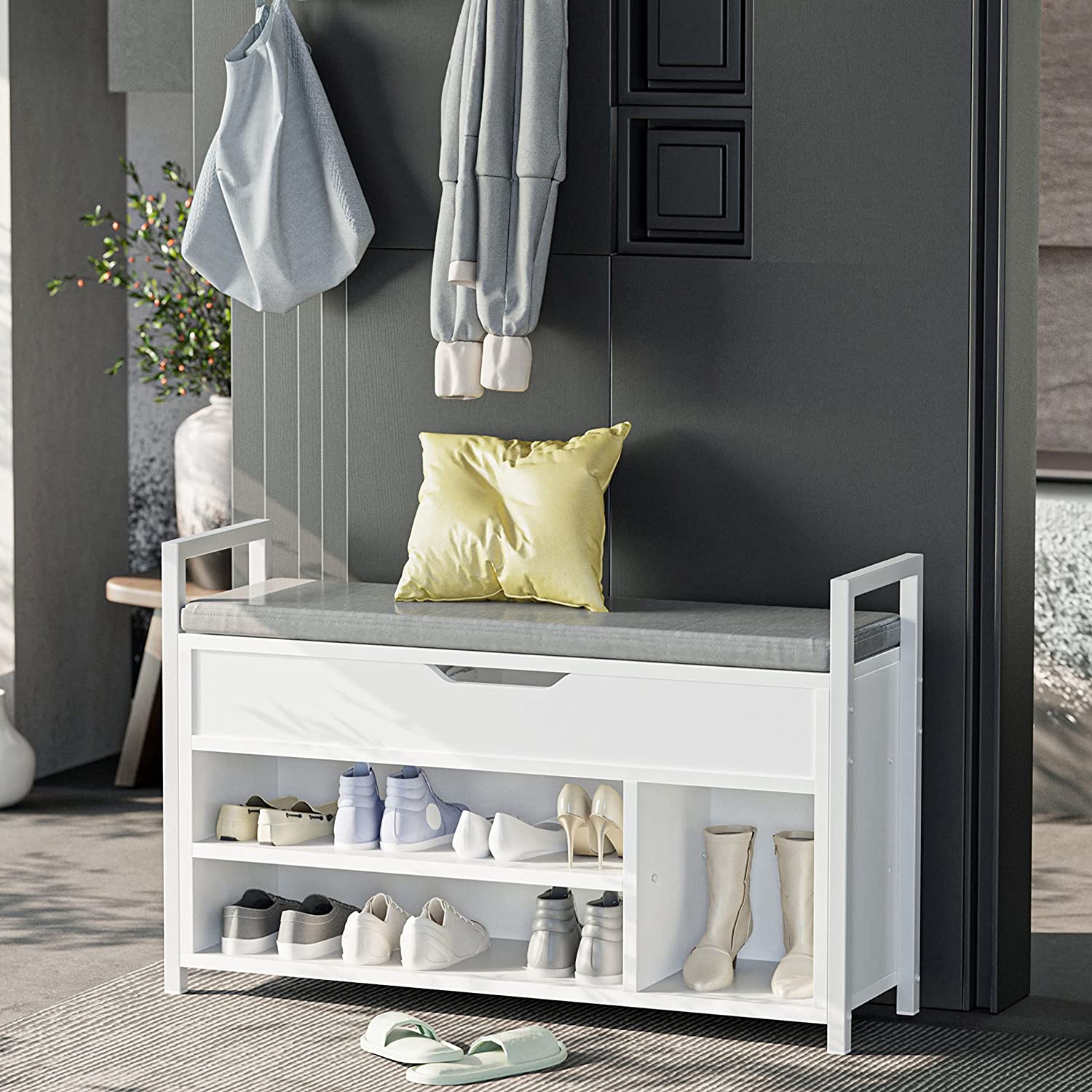 Shoe Storage Bench, Entryway Bench with Storage Box 2-Tier Shoe Rack for Entryway, Bedroom, Hallway