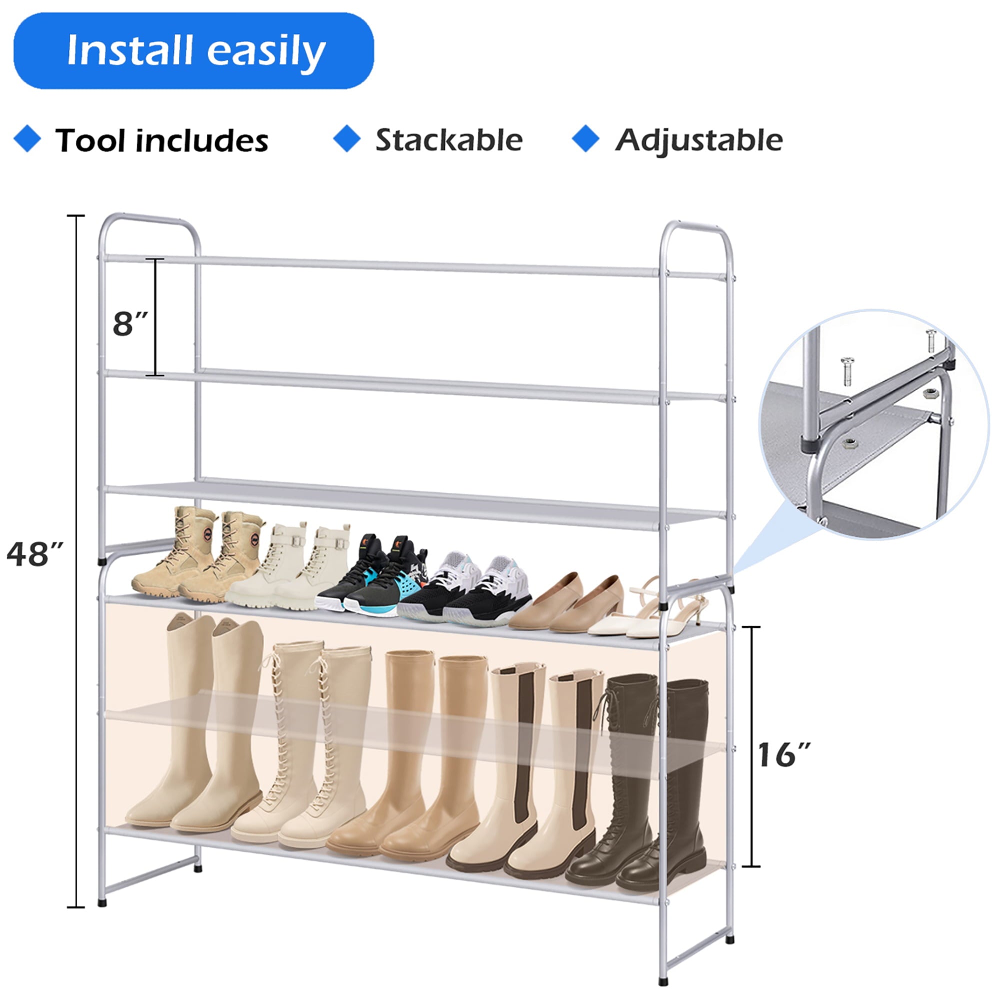 MISSLO 3 Tier Extra Long Shoe Rack for Closet and Entryway Adjustable Metal Shoe Shelf Storage Organizer Holds 24 Pairs of Men Sneakers， Silver