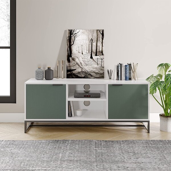 Modern Entertainment Center for 55 inch TV， Low Profile TV Stand with Storage Cabinet and Open Shelves， White and Green