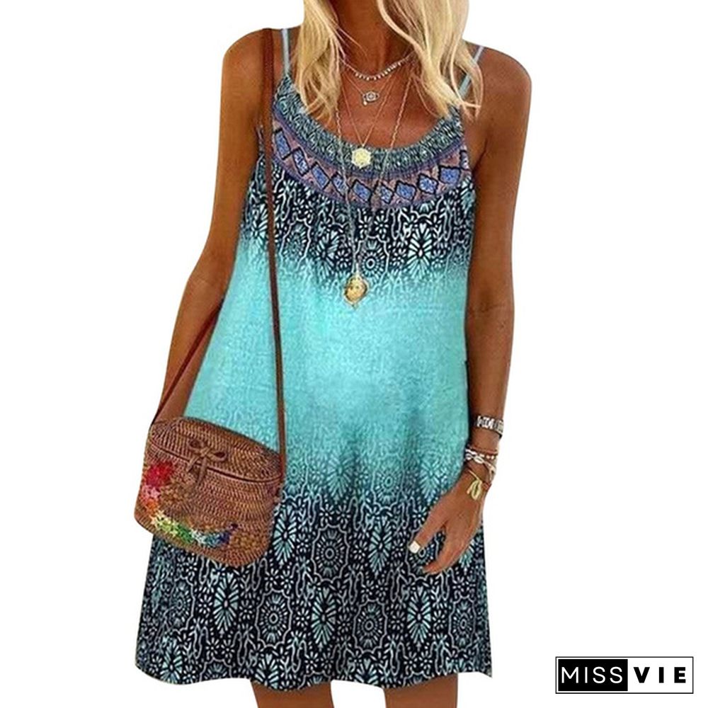 Summer New Fashion Women's Vintage Printed Casual Spaghetti Strap loose Dress Loose Plus Size Dress