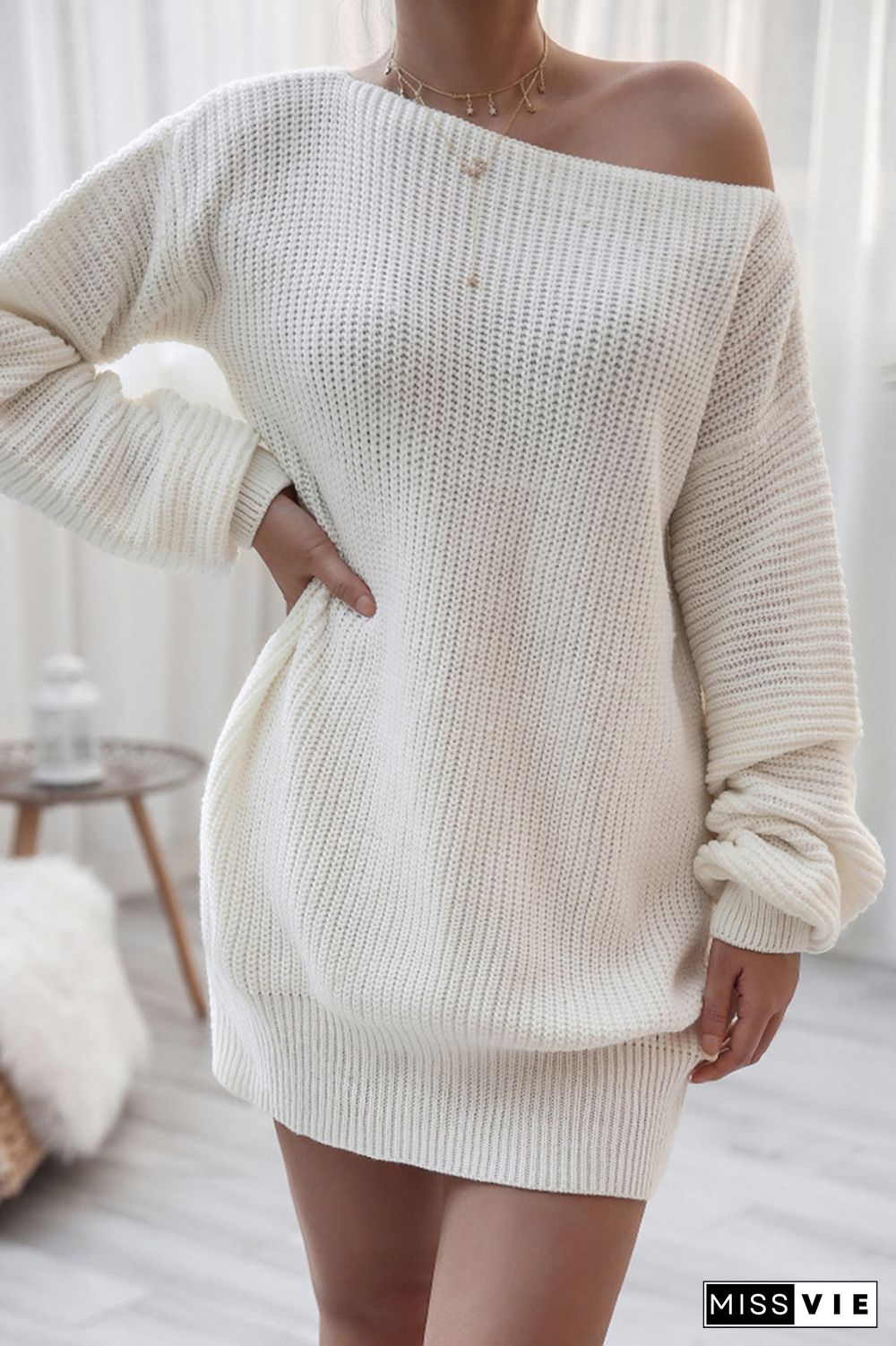 Long Sleeve Knitted Off-shoulder Sweater Dress Women Wholesale