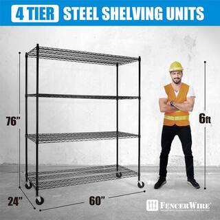 Fencer Wire Black 4-Tier Metal Garage Storage Shelving Unit with Casters and Leveling Feet (60 in. W x 24 in. D x 76 in. H) RWW-CH60244WBK