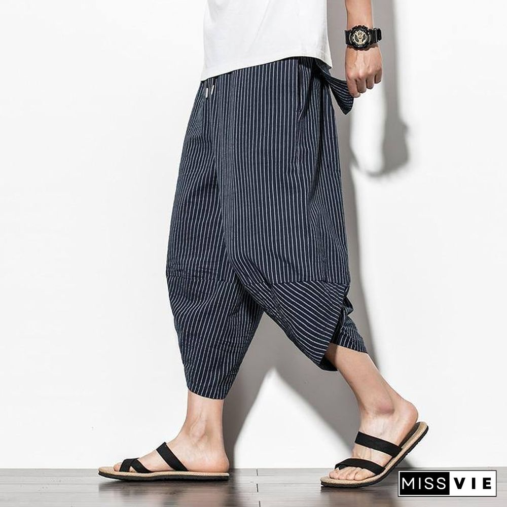 Baggy Cotton Harem Pants Men Summer Japanese Vintage Striped Men Women Hip Hop Plus Size Wide Leg Pants Pantalon