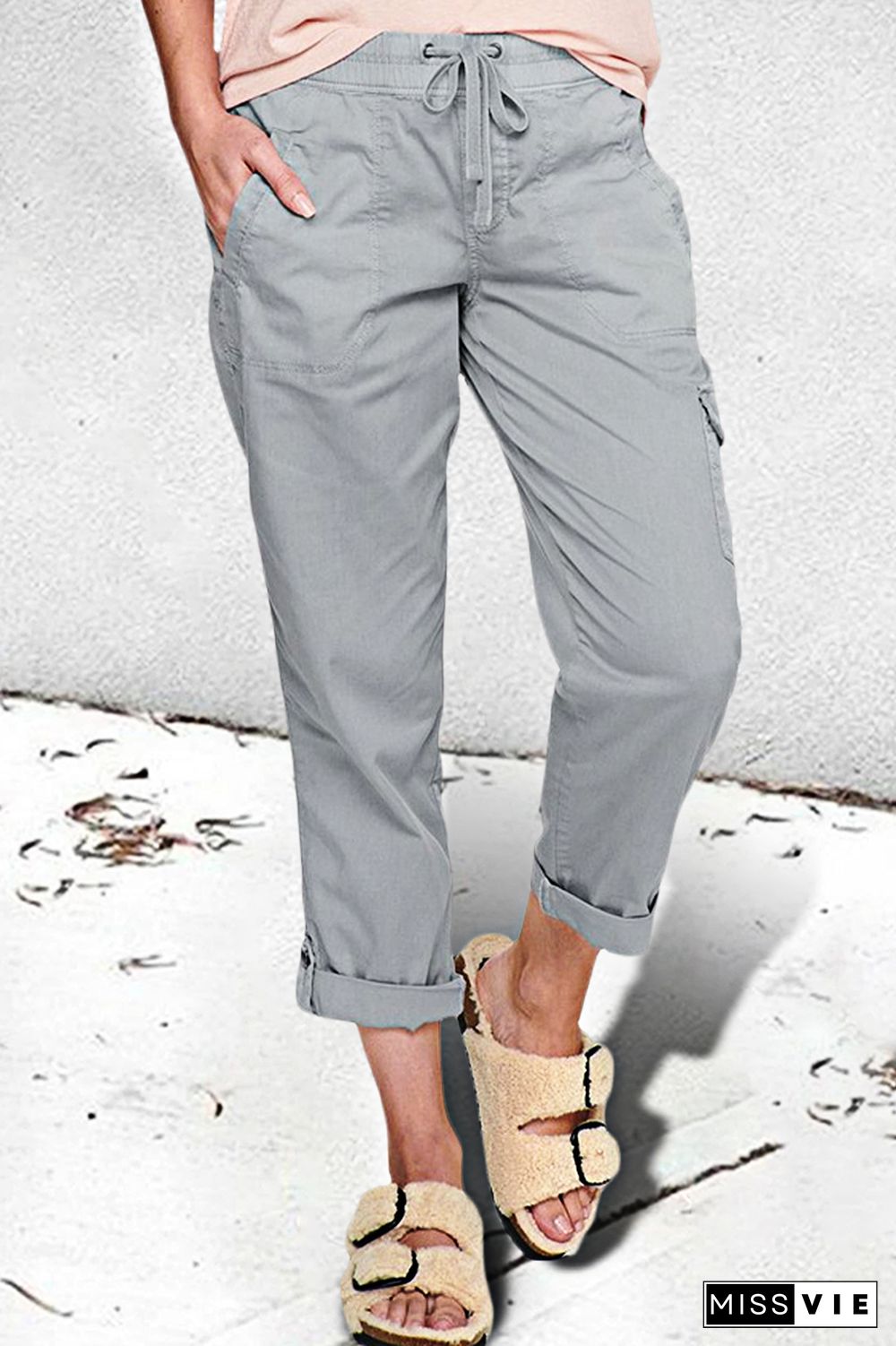 Solid Drawstring Roll Hem Flap Pocket Pants