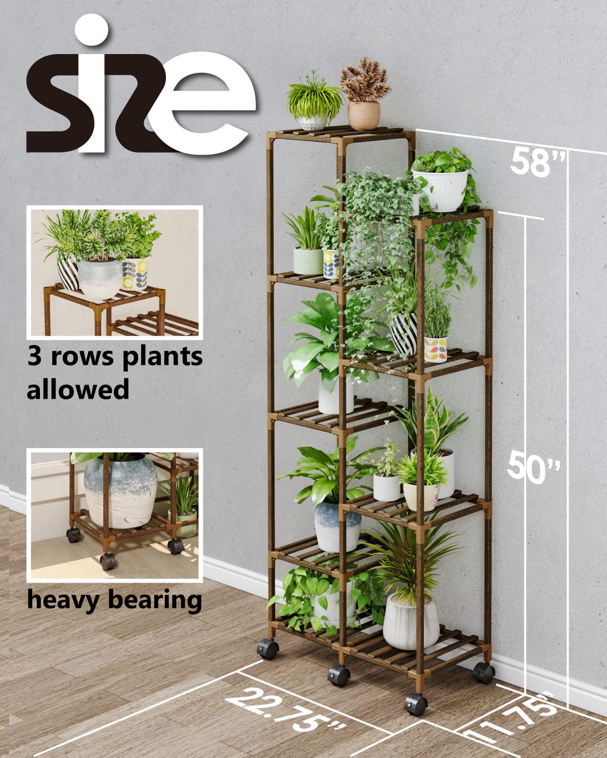 Bamworld Plant Stand with Wheels for Tall Flower Shelf (9 pots WW)