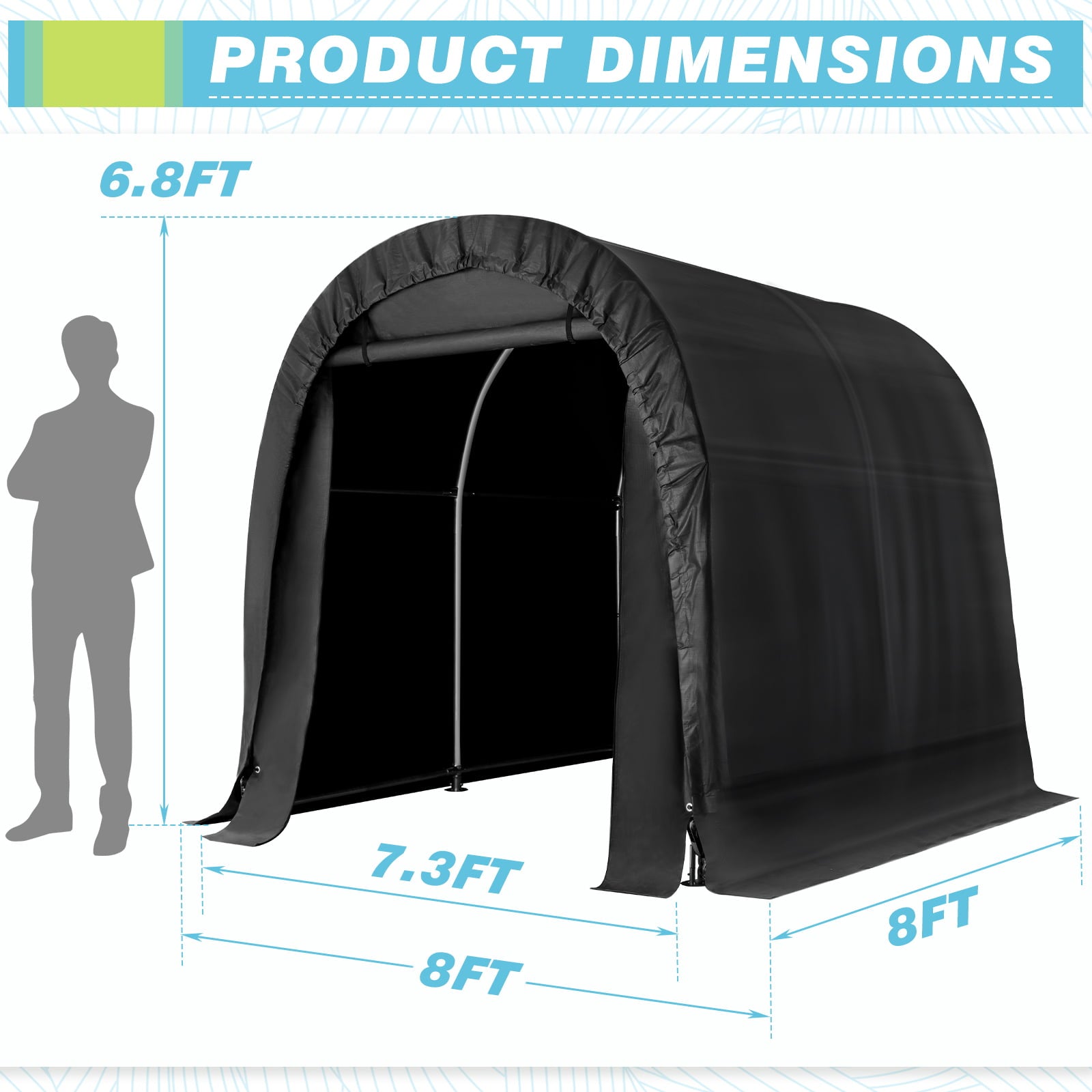 Mellcom 8 x 8 FT Heavy Duty Storage Tent, Outdoor Tool Shed, Carport, Portable Garage for Patio, Garden, Black