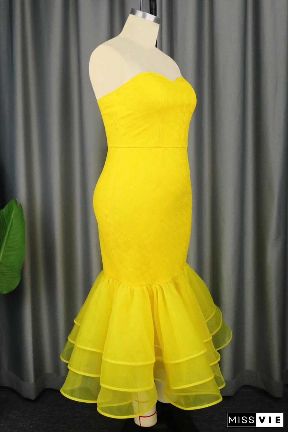 Yellow Sexy Formal Solid Patchwork Backless Strapless Evening Dress Dresses