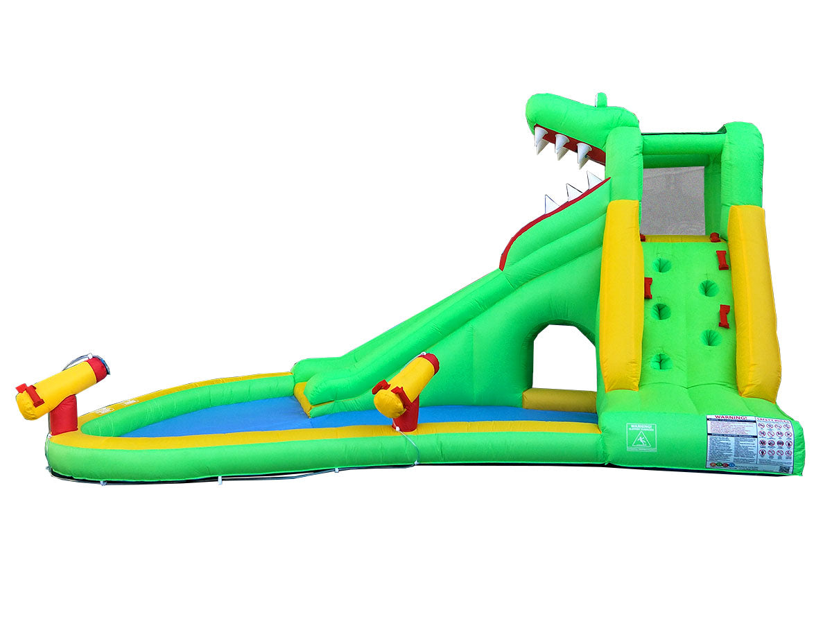 Pogo Bounce House Backyard Kids Gator Inflatable Water Slide with splash Cannon and Pool