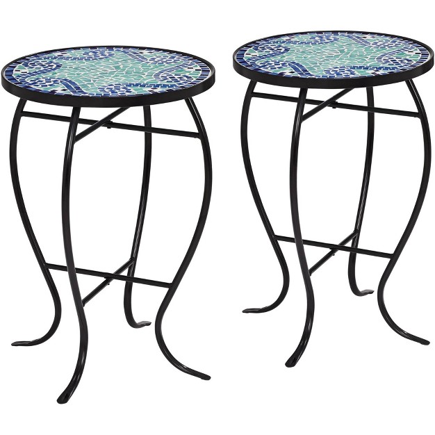 Wide Set Of 2 Blue Wave Mosaic Tabletop Front Porch Patio Home House